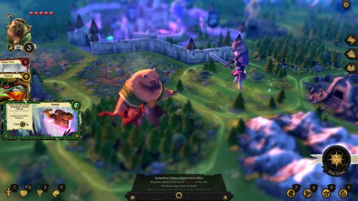 A digital board game interface shows a bear character facing a wolf knight on a grassy landscape with cards, stats, and a castle in the background.