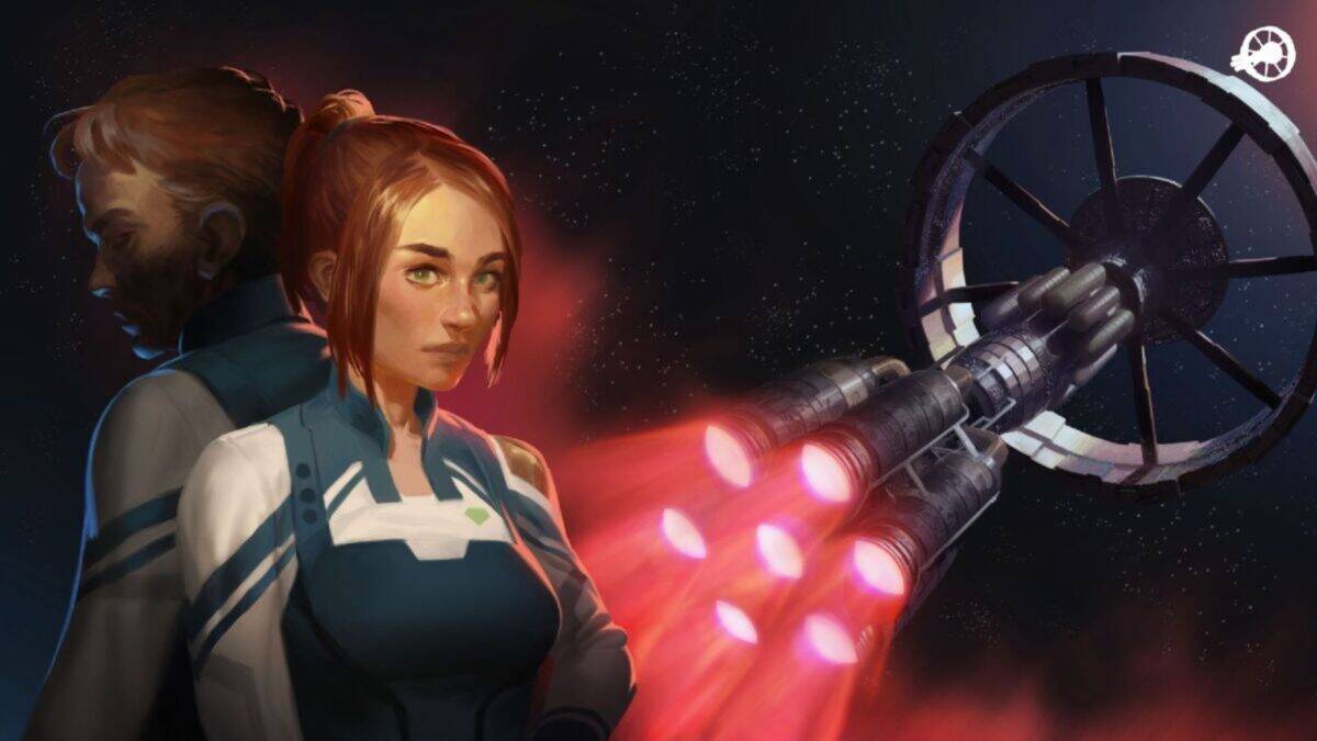 A woman in a futuristic spacesuit stands in front of a man, with a large spacecraft emitting red thrusters in the background against a starry sky.