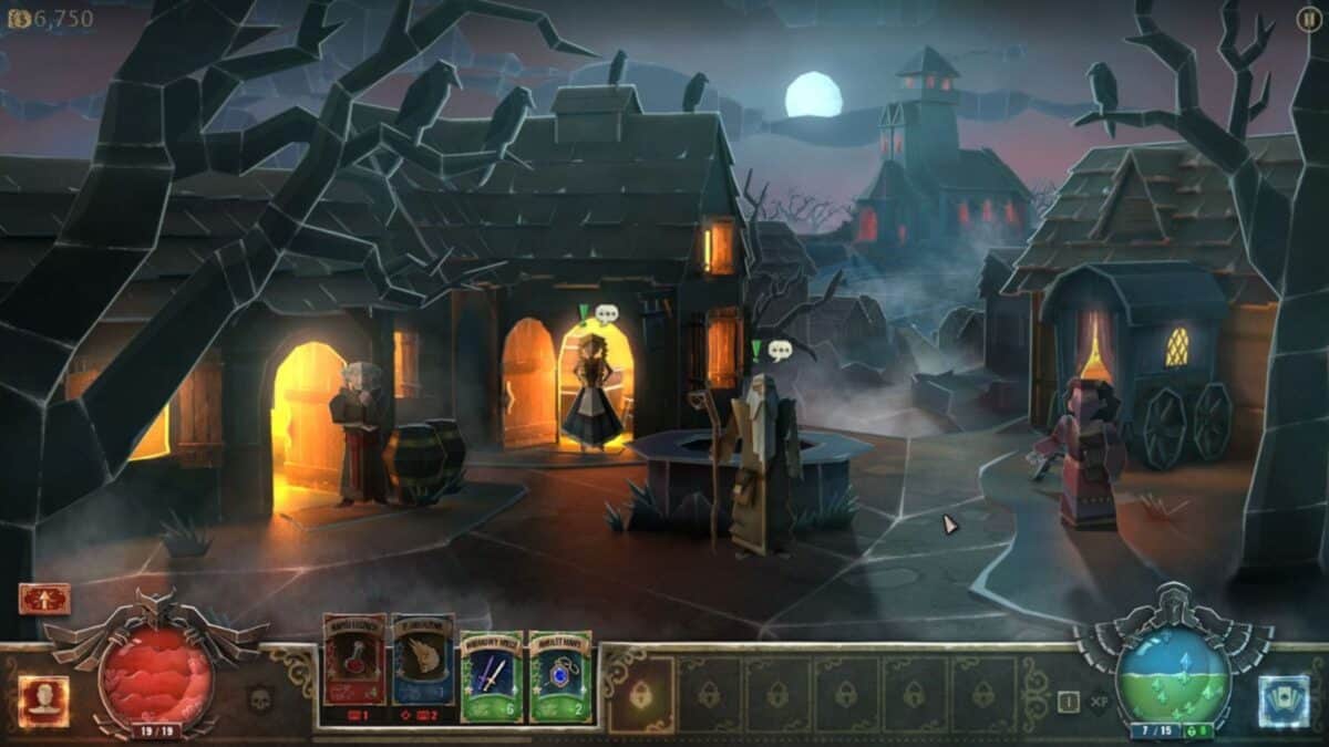 A fantasy village scene at night with three characters near houses and a well, illuminated by warm light. Game interface elements are visible at the bottom of the screen.
