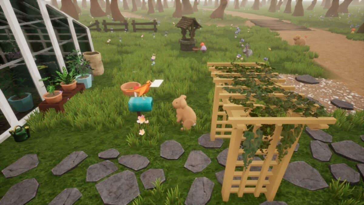 A digital scene of a garden with a greenhouse, potted plants, a wooden trellis with vines, stepping stones, and capybaras among the grass and flowers.
