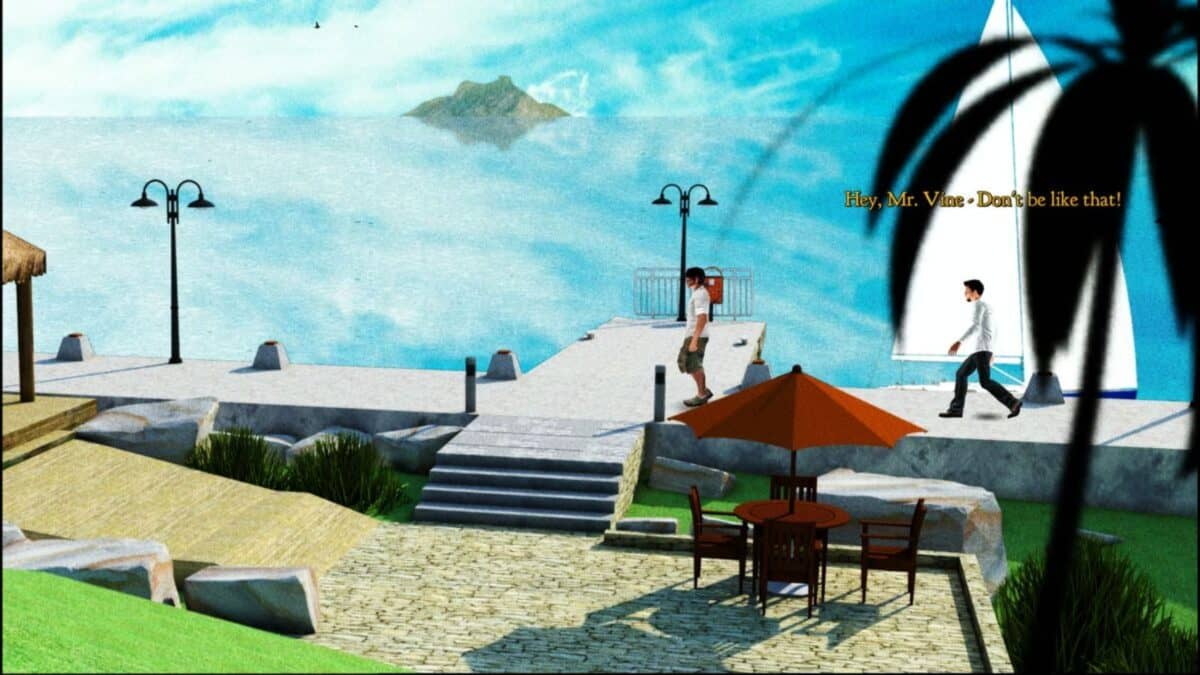 Two men stand on a dock near the ocean; one approaches the other as a sailboat passes by. An outdoor table with an umbrella is in the foreground. Text reads, "Hey, Mr. Vira- Don’t be like that!.