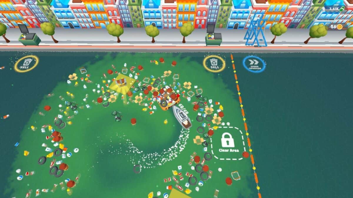 A top-down view of a colorful digital game interface shows a boat cleaning up floating trash in a body of water near a city shoreline lined with trees and buildings.
