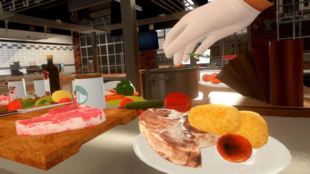 A gloved hand reaches for food in a kitchen with steak, vegetables, and ingredients on a wooden counter and plate; a pot and other kitchen items are in the background.