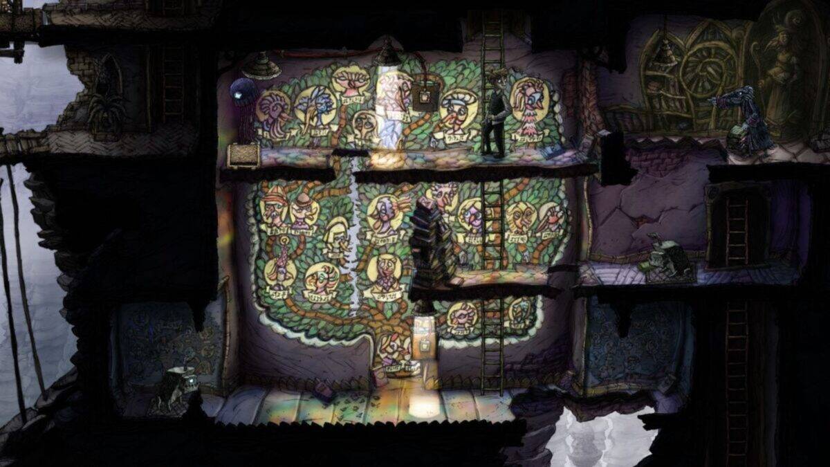 A dimly lit, hand-drawn game scene shows several characters on different floors of a stone building with colorful murals and ladders connecting the levels.