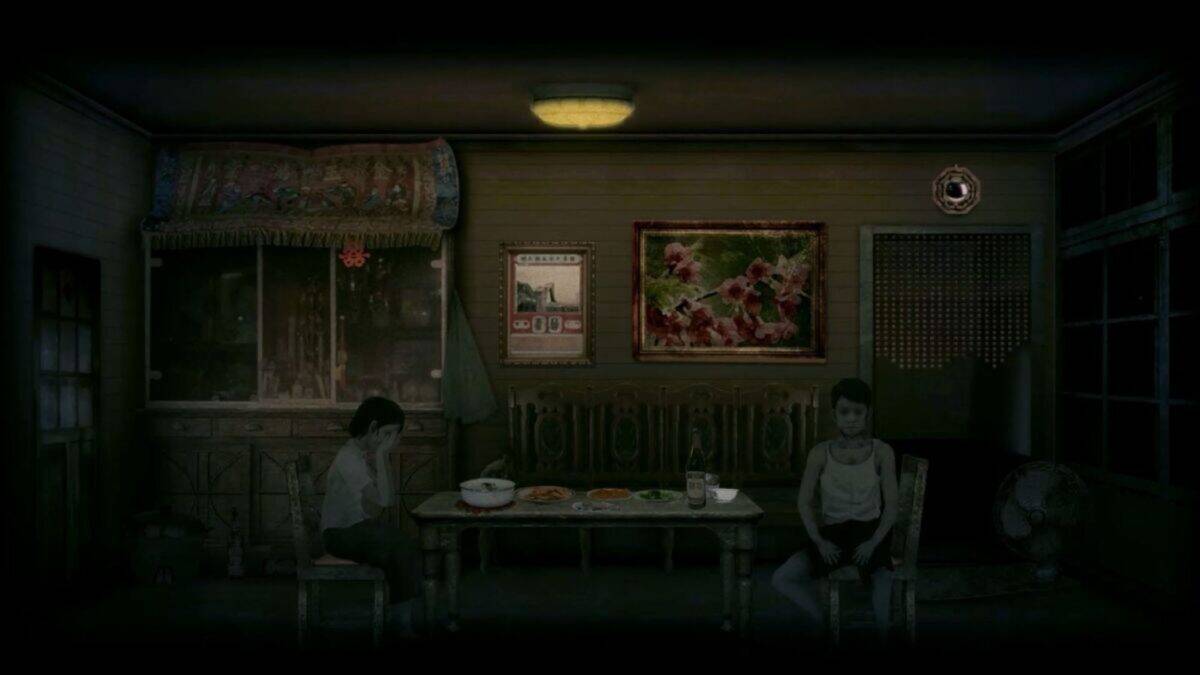 Two people sit at a table with food and drinks in a dimly lit room, decorated with a calendar, floral painting, and various household items.