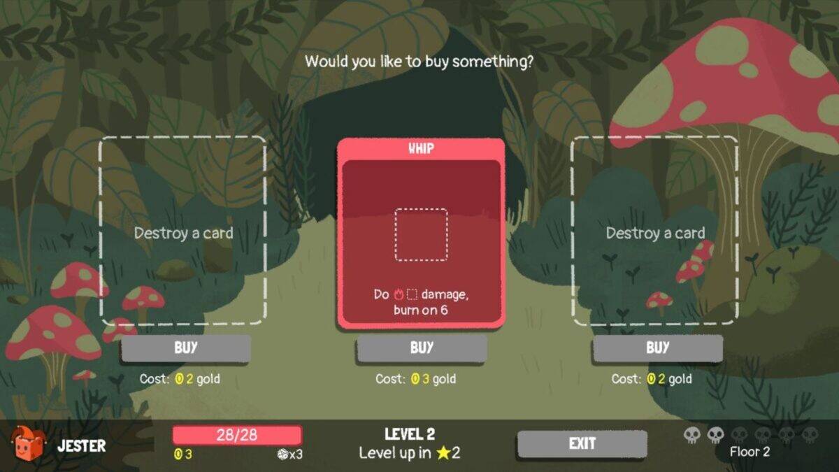A game shop screen offering the option to destroy a card for 2 gold or buy a whip card for 3 gold, with a forest background and mushrooms. Player stats are shown at the bottom.