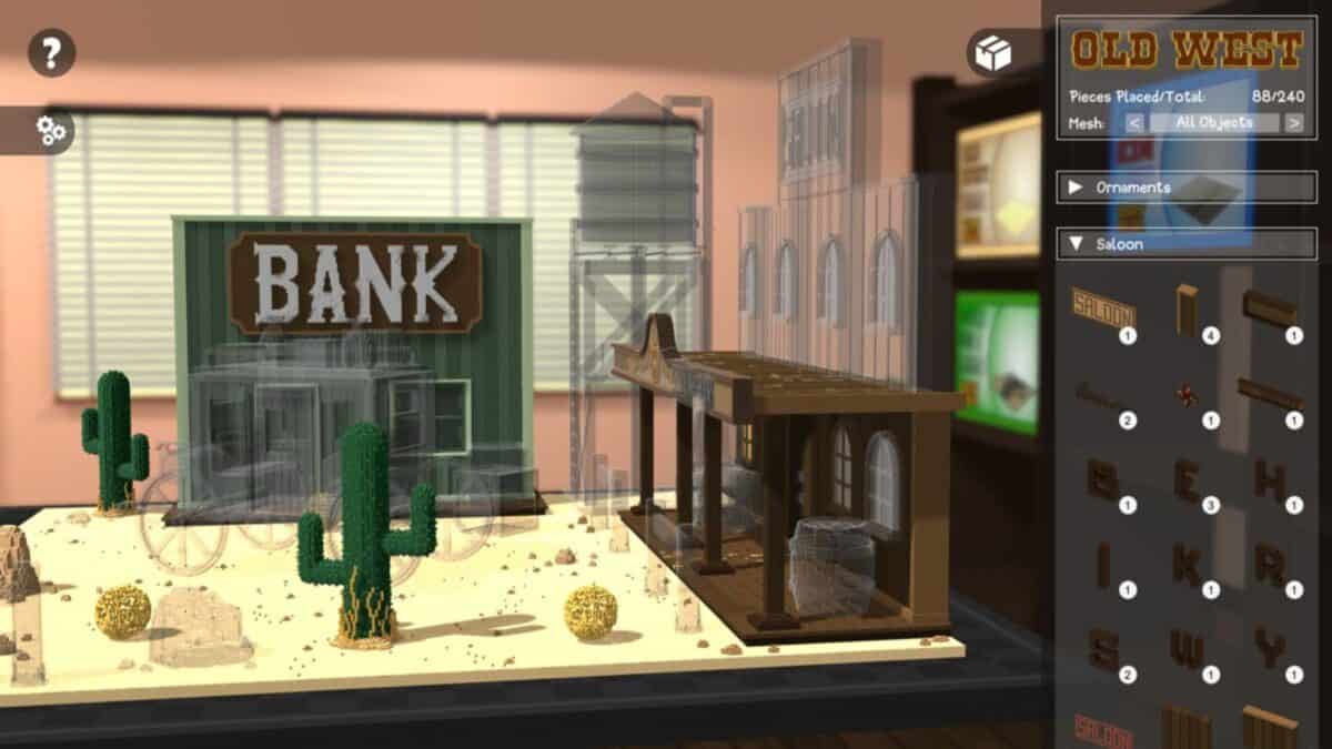 A digital interface for building an Old West town model, showing a bank, a saloon, cacti, and placement options for various buildings and objects.