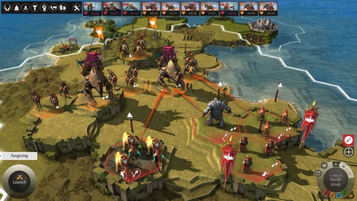 A strategy game interface shows units on a hexagonal map, with highlighted movement paths, banners, terrain, and coastal water visible. User interface elements are displayed around the edges.
