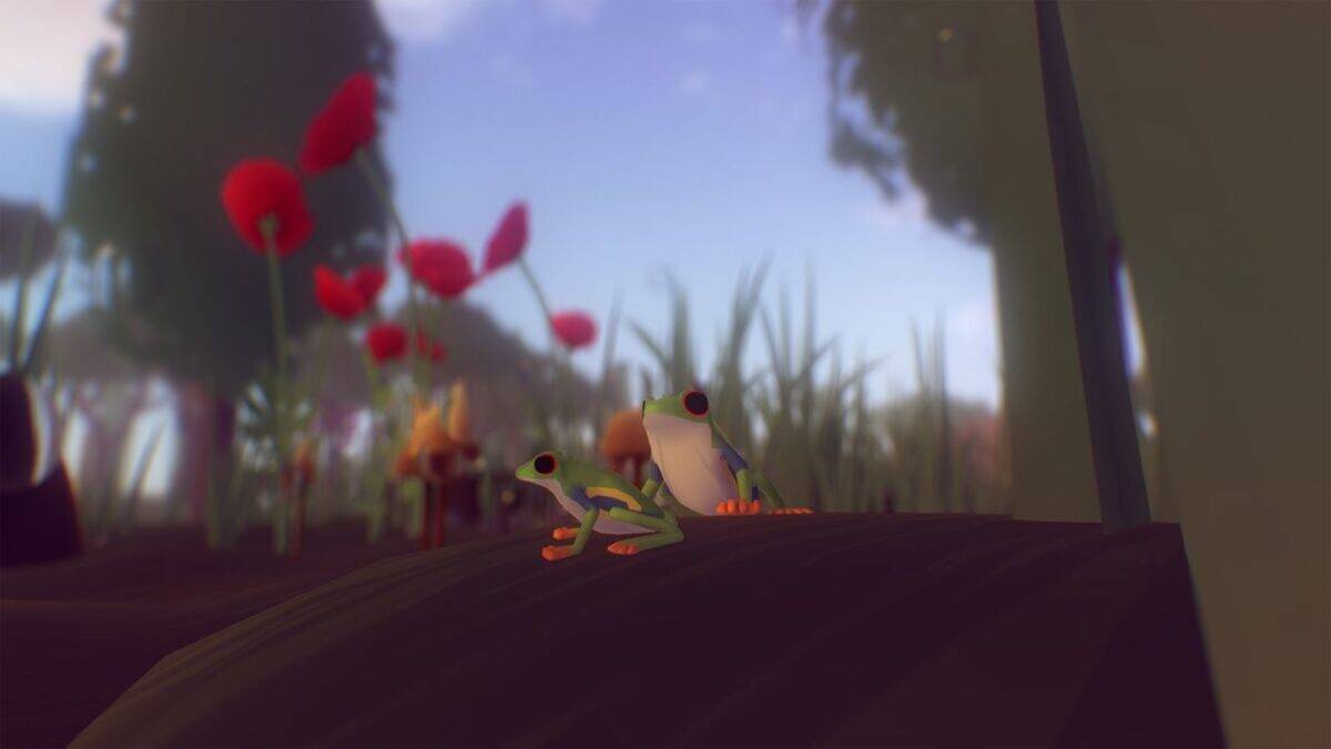 Two cartoon-style frogs sit on a leaf in a soft-focus, colorful garden scene with large red flowers and green plants in the background.