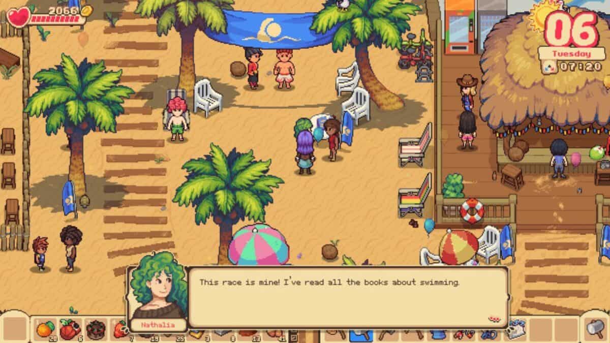 A colorful pixel art beach scene from a video game shows several characters gathered for an event, with one character saying, "This race is mine! I’ve read all the books about swimming.