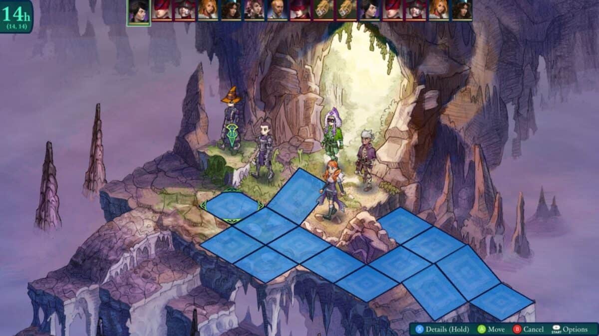 A tactical role-playing game screen shows characters on a grid inside a cave, with blue movement tiles highlighted and a character selection bar at the top.