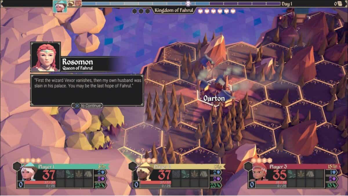 A game interface shows a hexagonal map with the town of Oarton. A text box features Rosomon, Queen of Fahrul, giving a quest. Player stats are displayed at the bottom.
