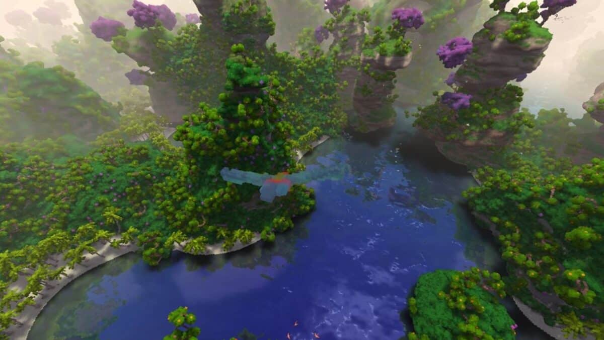A digital landscape with lush green cliffs, purple trees, and blue water, featuring a bird flying above the river in a fantasy or game environment.