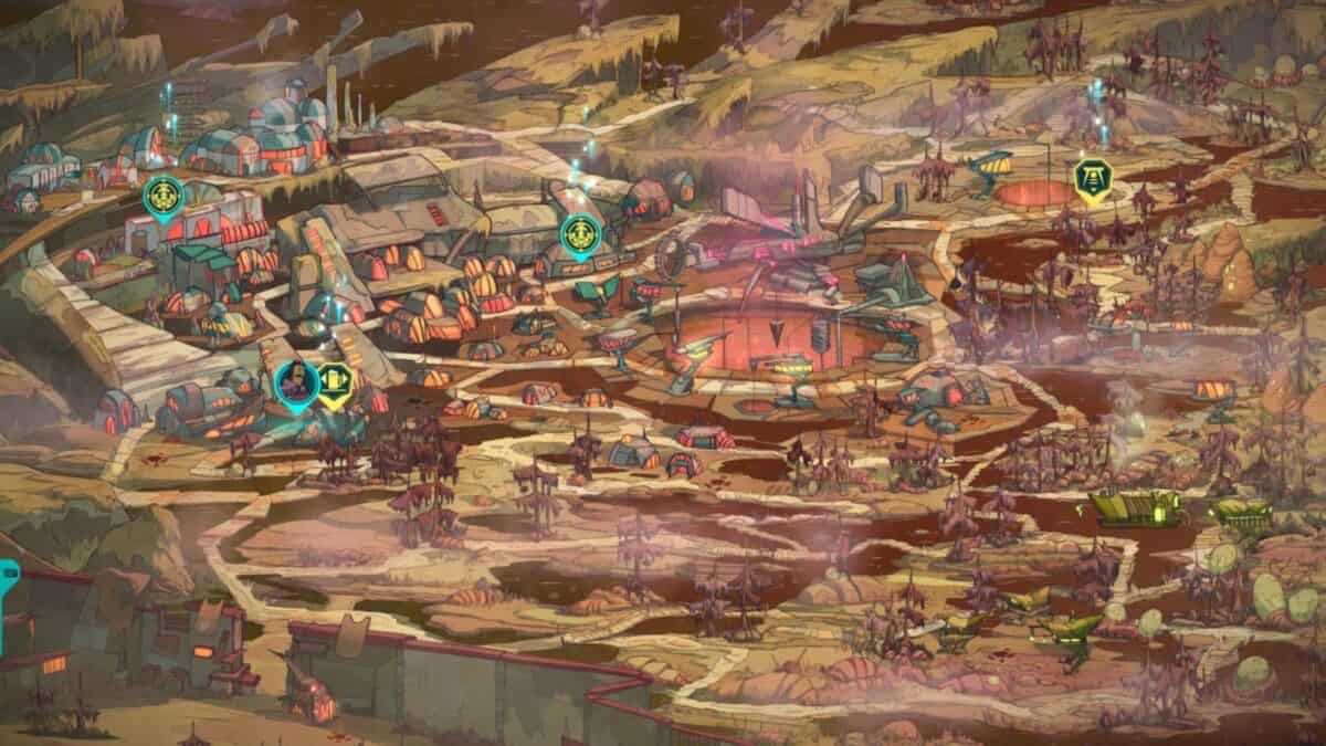 A stylized, illustrated map of a futuristic, post-apocalyptic settlement with marked buildings, tents, and rugged terrain. Several icons indicate points of interest.