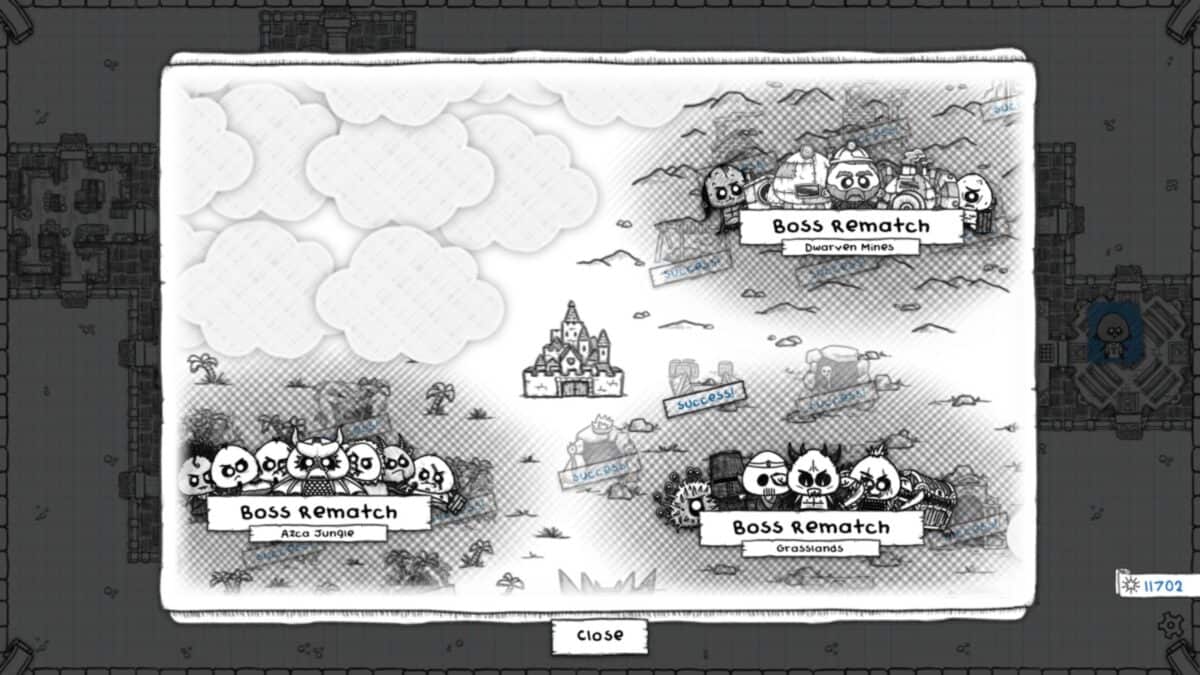 A grayscale game map screen showing three "Boss Rematch" areas—Alto Jungle, Dusty mine Halls, and Grasslands—around a central castle, with cartoon characters and a "Close" button at the bottom.