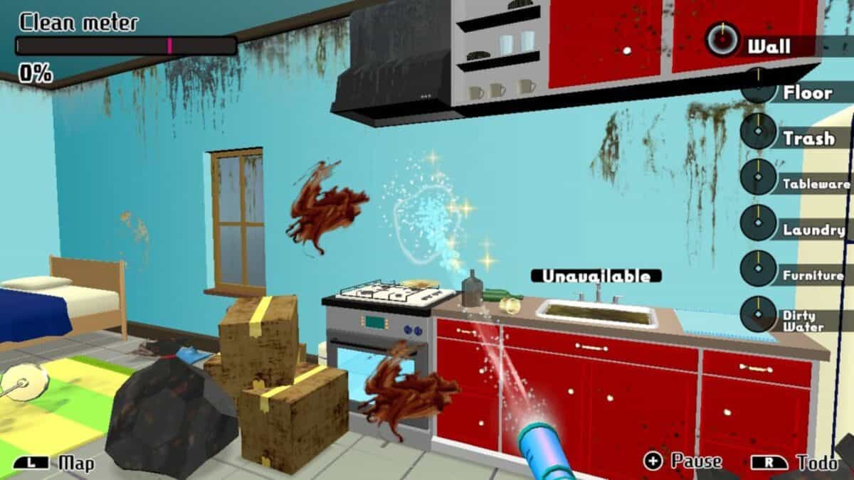 A cluttered virtual kitchen with dirty walls, roaches, and stacked boxes; cleaning options and progress bar appear on the HUD screen.
