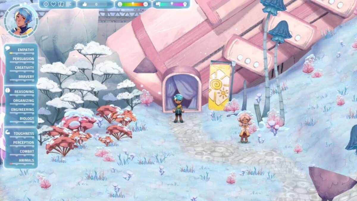A character with blue hair stands outside a pink building in a snowy, pastel-colored landscape with mushrooms and trees; a menu with skill options is visible on the left.