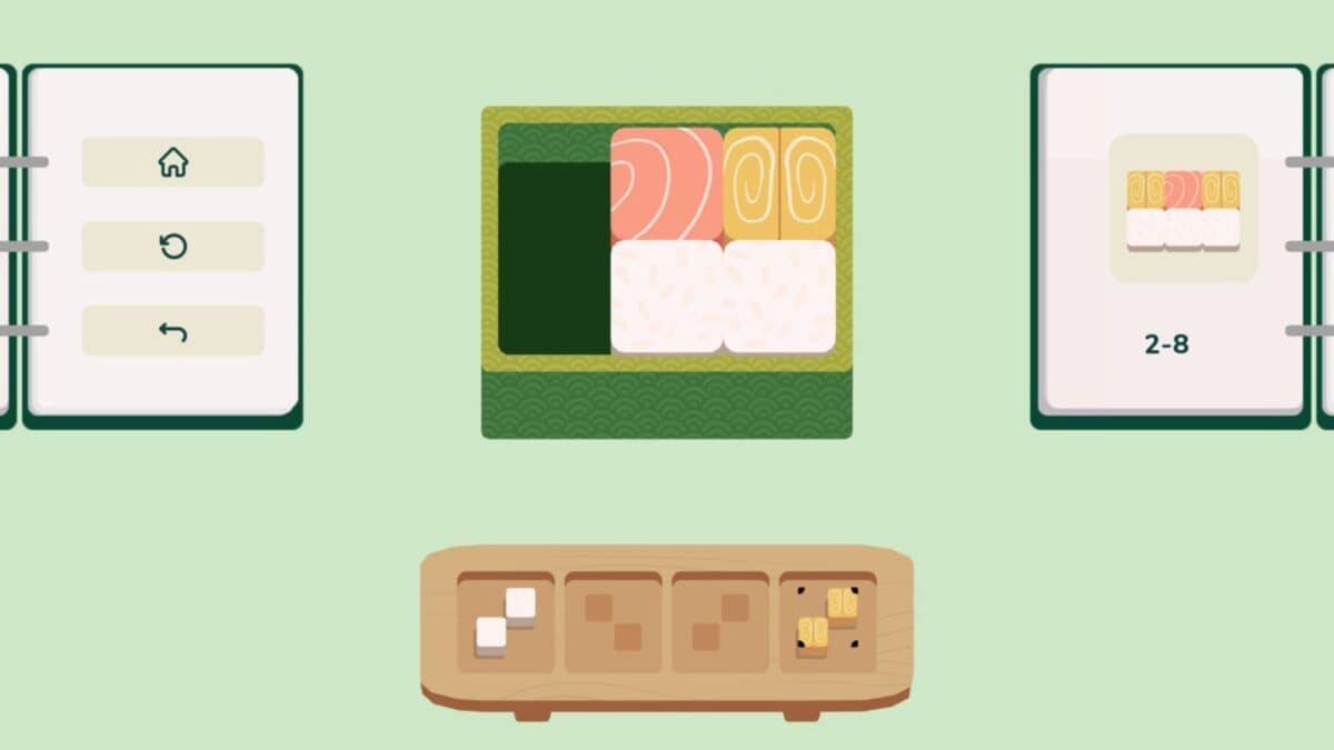 A digital illustration shows a bento box with sushi pieces in the center, flanked by menu and instruction screens, and a wooden tray with sushi pieces at the bottom.