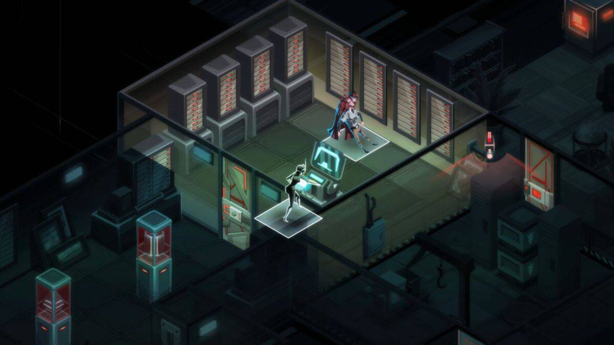 Two characters in a futuristic, glass-walled room with computer servers; one uses a terminal while the other stands guard.