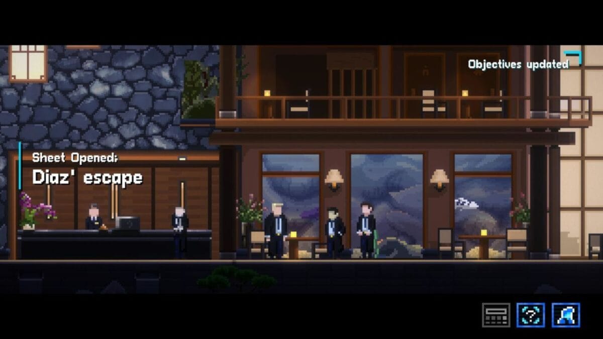 Pixel art scene of a hotel lobby with four suited characters; text on screen reads "Sheet Opened: Diaz' escape" and "Objectives updated" in the top right corner.