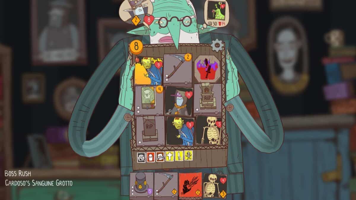 A cartoon character holds a large board displaying a grid of illustrated game cards, stats, and icons. The background includes framed pictures and shelves. Text reads: “Boss Rush Cardoso’s Sanguine Grotto.”.