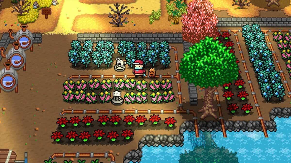 Pixel art farm scene with a character standing among colorful crops, flowers, and trees beside a pond, with two animal figures nearby.