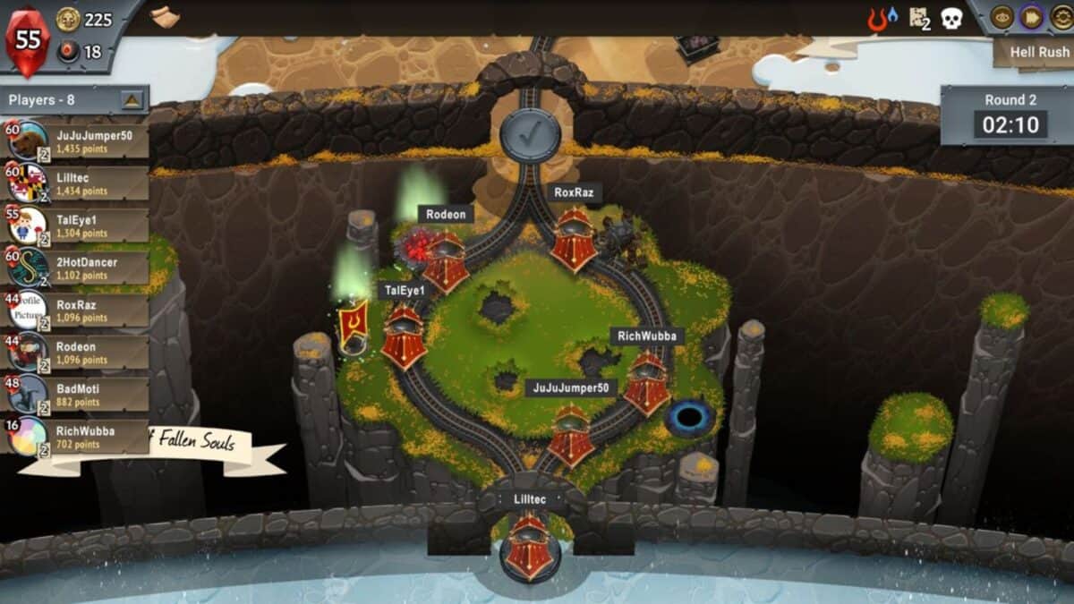 A strategy game interface shows a circular battlefield with player icons, scores, timers, and a leaderboard on the left. The map is surrounded by stone walls and water.