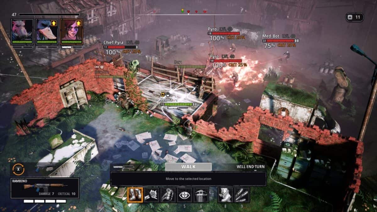 A tactical strategy game screen shows characters positioned behind cover in a ruined urban area, with enemy health bars, action options, and UI elements visible.