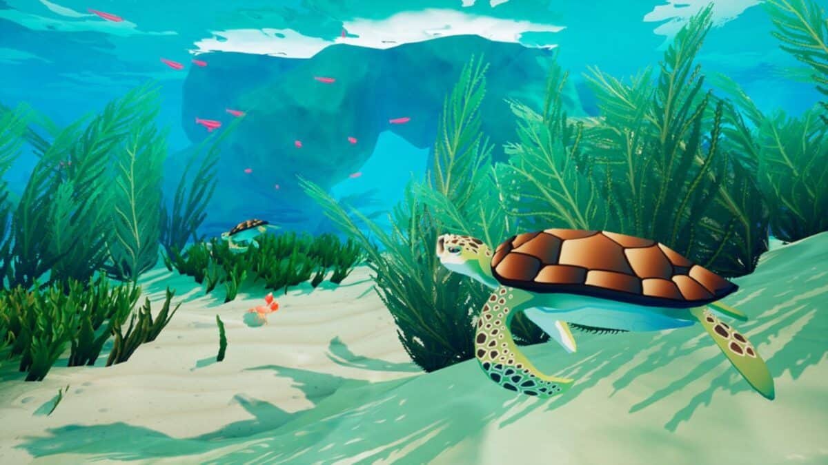 Animated underwater scene with sea turtles swimming among green plants, small pink fish, and a sandy ocean floor with scattered coral.