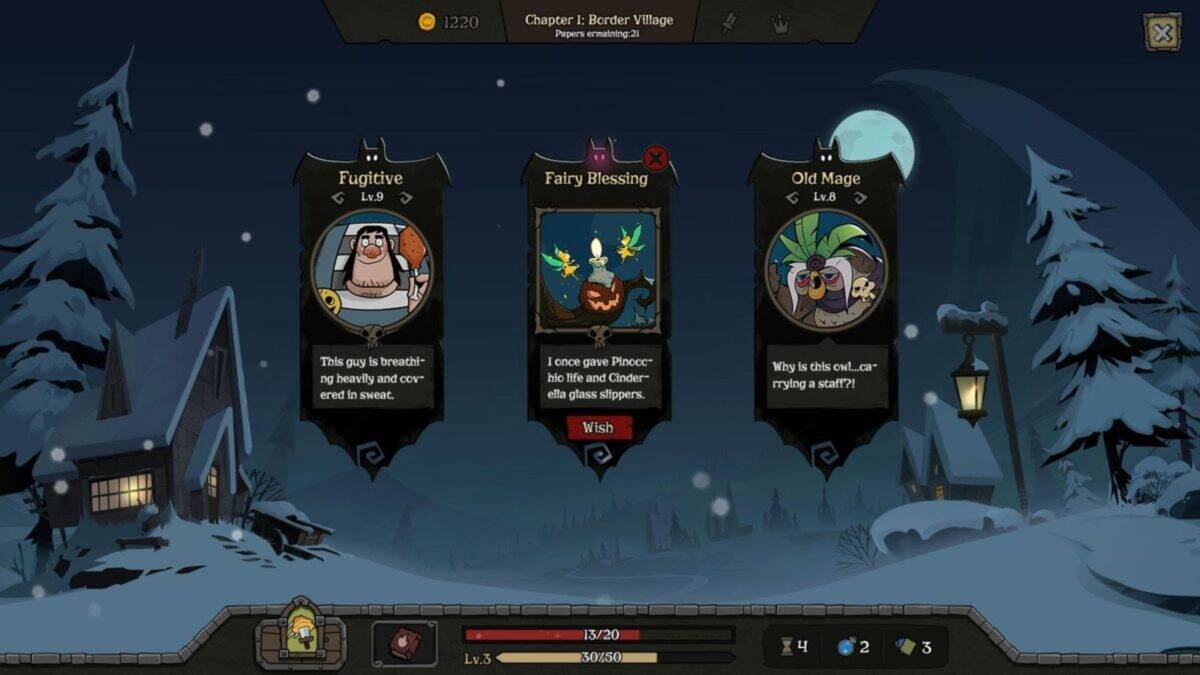 A nighttime game scene shows three character cards—Fugitive, Fairy Blessing, and Old Mage—each with level, description, and options, set against a snowy village background.