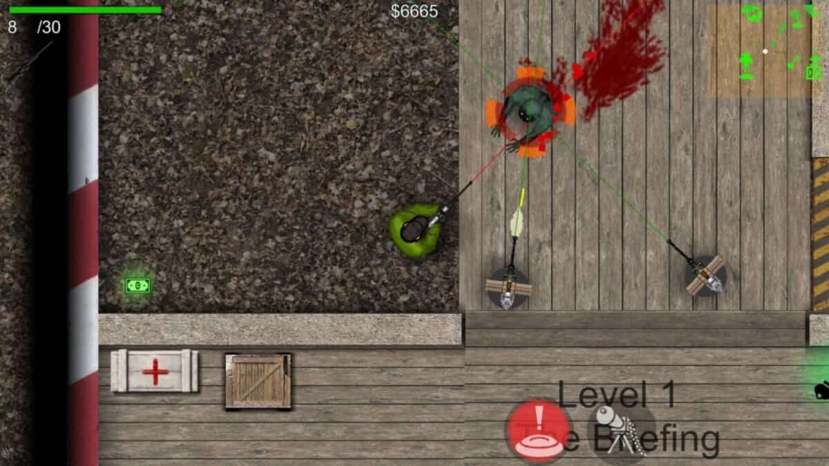 Top-down view of a shooter video game; a player fires at an enemy on a wooden floor, with blood spatter, ammo and health boxes, and a "Level 1 Briefing" notification on screen.
