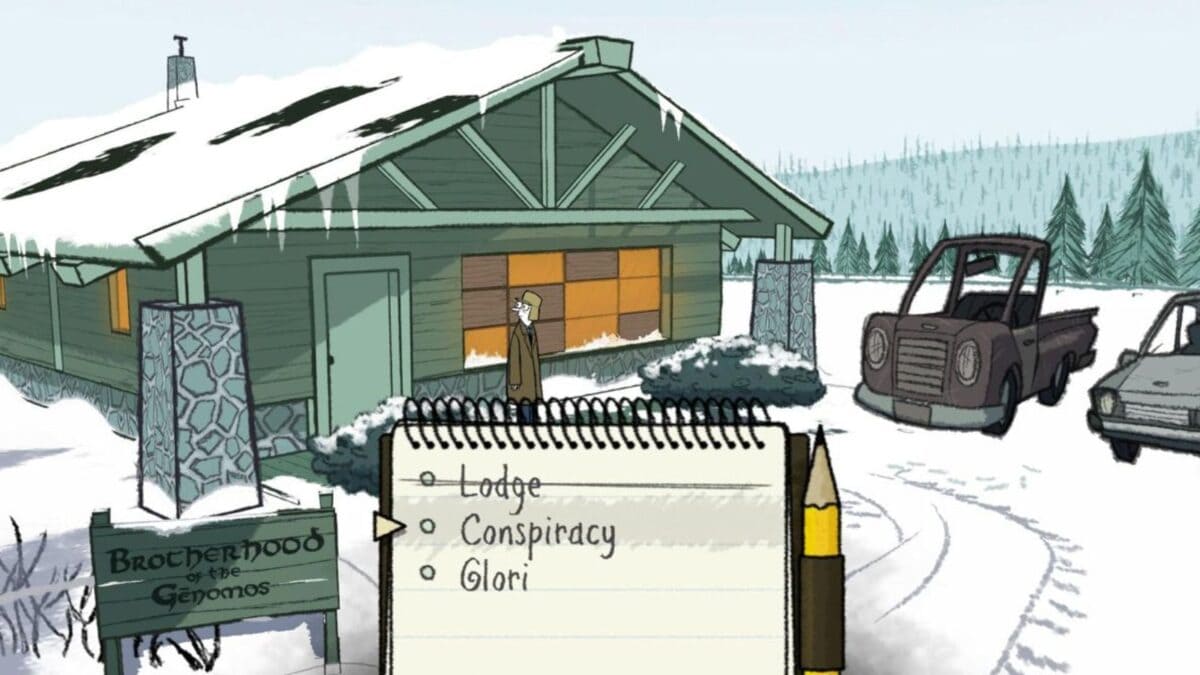 An animated person stands outside a snowy green lodge, with old vehicles nearby and a notepad on screen displaying dialogue choices: Lodge, Conspiracy, and Glory.