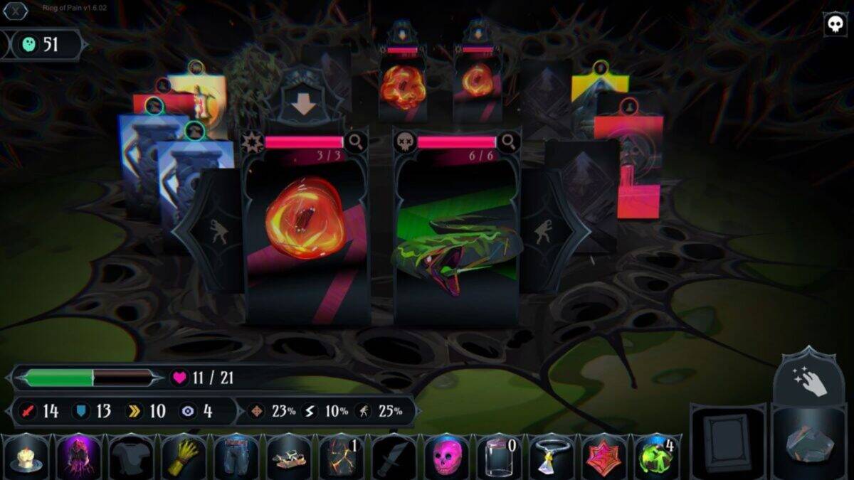 A video game interface shows a card-based battle scene with enemy and item cards, player stats, and inventory displayed at the bottom of the screen.