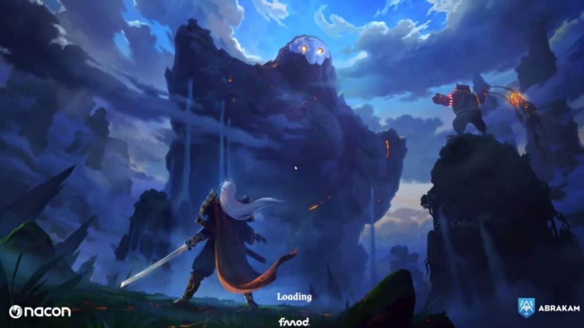 A white-haired warrior with a sword faces a giant rocky creature with glowing eyes on a mountainous landscape under a dramatic, cloudy sky. The word "Loading" is displayed at the bottom.