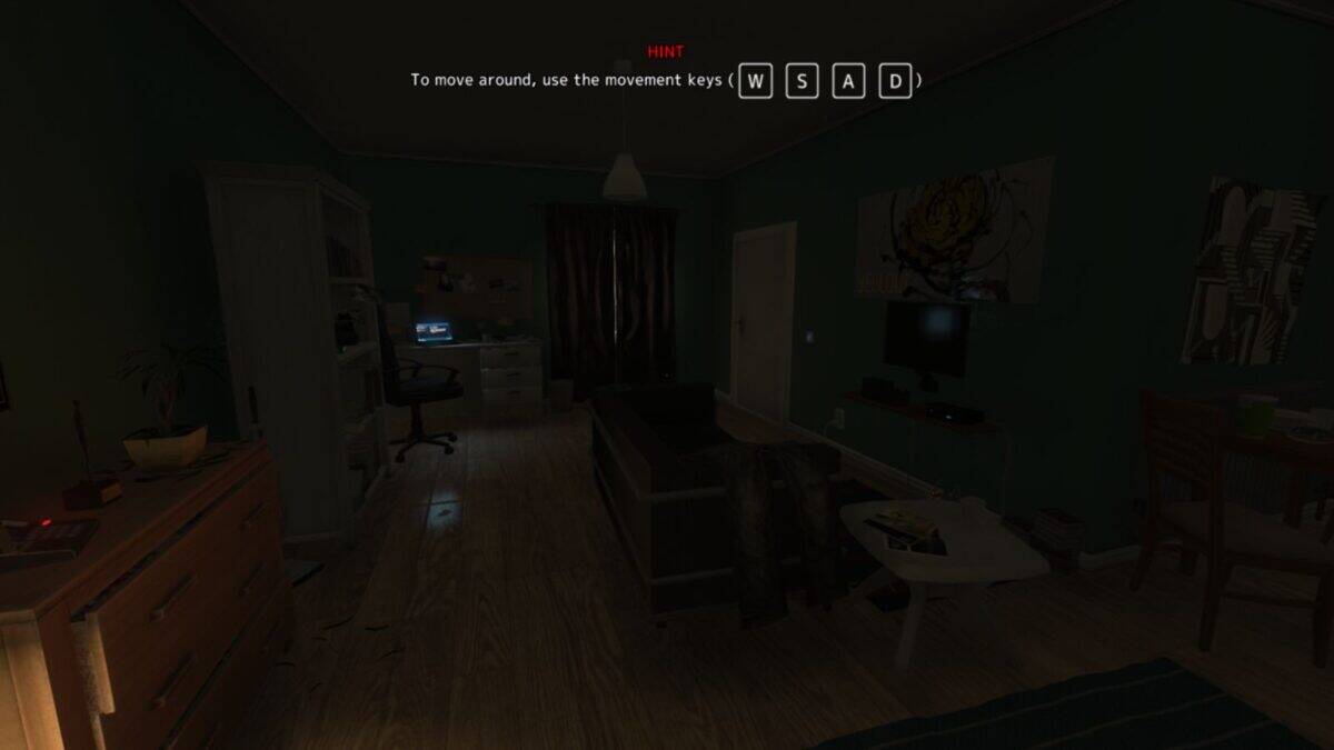 A dimly lit bedroom and living area with a desk and computer, couch, TV, wardrobe, and hint text about movement keys (W, S, A, D) at the top of the screen.
