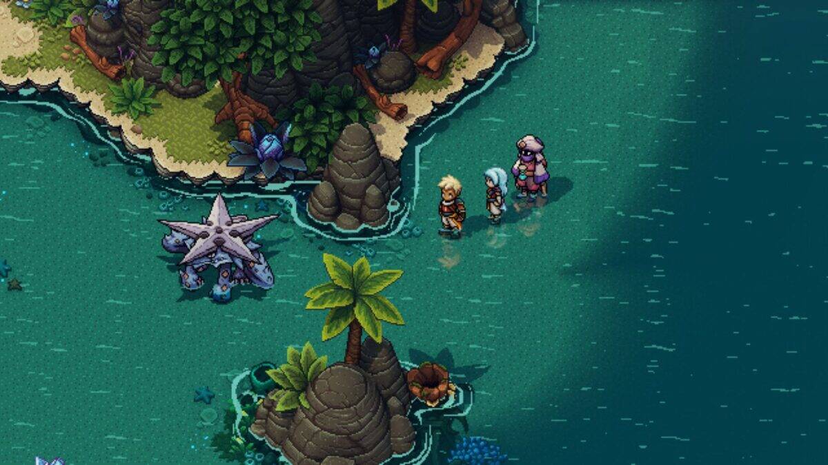 Three pixel-art characters stand at the edge of a tropical island shoreline, near a star-shaped sea creature and lush greenery, in a top-down view.