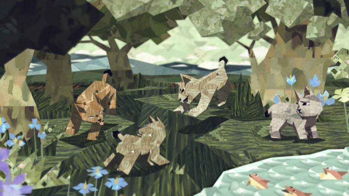 Stylized illustration of four lynxes standing and interacting on grass near trees and a pond with fish, surrounded by flowers.