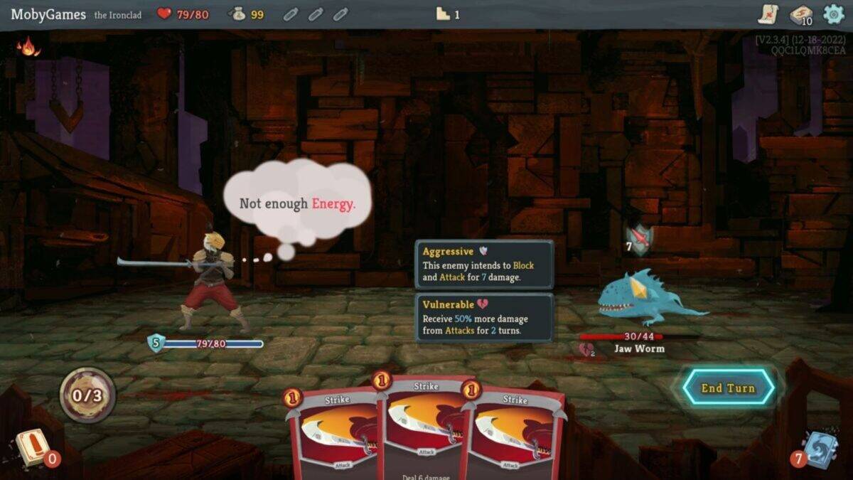 A player in Slay the Spire faces a Jaw Worm enemy. The character has low energy and health, with cards displayed at the bottom and a message saying "Not enough Energy.