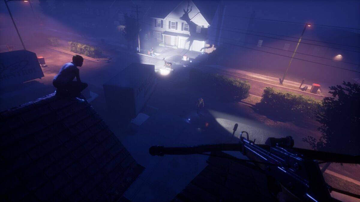 A person with a crossbow crouches on a rooftop at night, observing a lit street with people and vehicles below.
