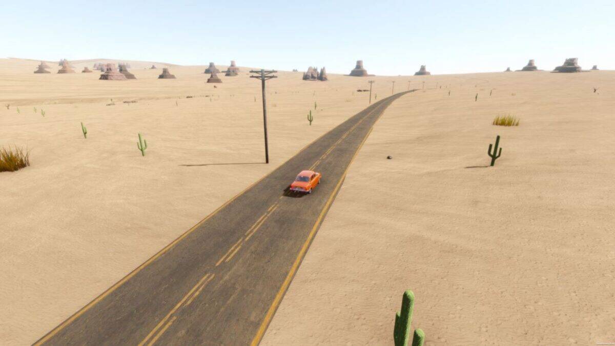 A lone orange car drives down a straight, empty road through a desert landscape with scattered cacti and rock formations under a clear sky.