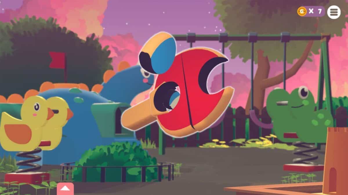 A cartoon-style playground scene features animal spring riders, a swing set, and a large red toy hammer in the center. A coin counter in the top right shows 7 coins.