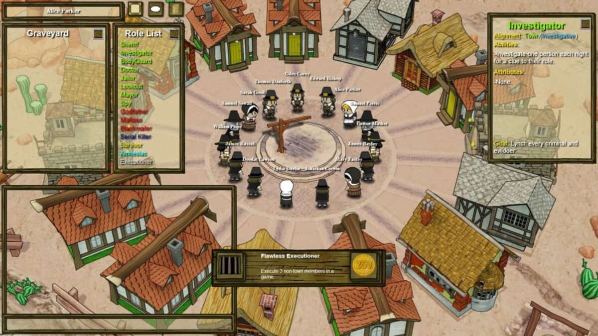 A screenshot of the game Town of Salem shows players gathered in a town square, role lists and character information displayed on the sides, and a notification about a game achievement.