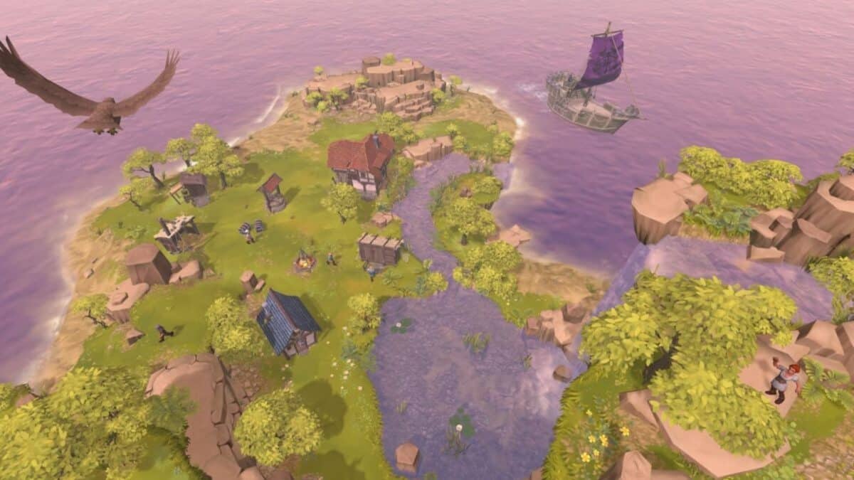 Aerial view of a lush, green island with scattered buildings, a river, an eagle flying, a ship at sea, and characters exploring the landscape.