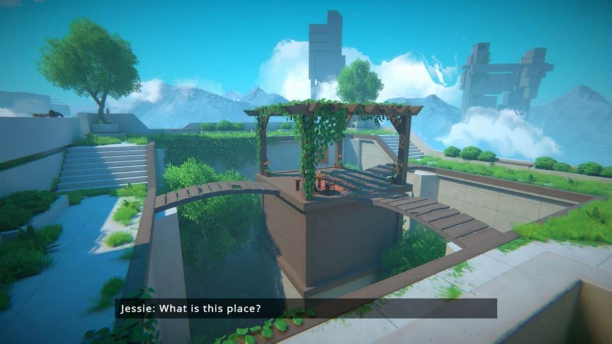 A small wooden gazebo with vines sits on a platform above a grassy courtyard, connected by narrow bridges; mountains and futuristic structures are in the background. Subtitles read: "Jessie: What is this place?.