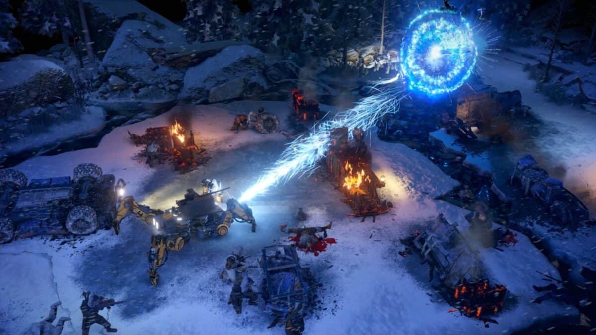 A snowy battlefield with burning wreckage, armed figures, and a blue energy beam shooting from machinery towards a glowing portal in the night sky.