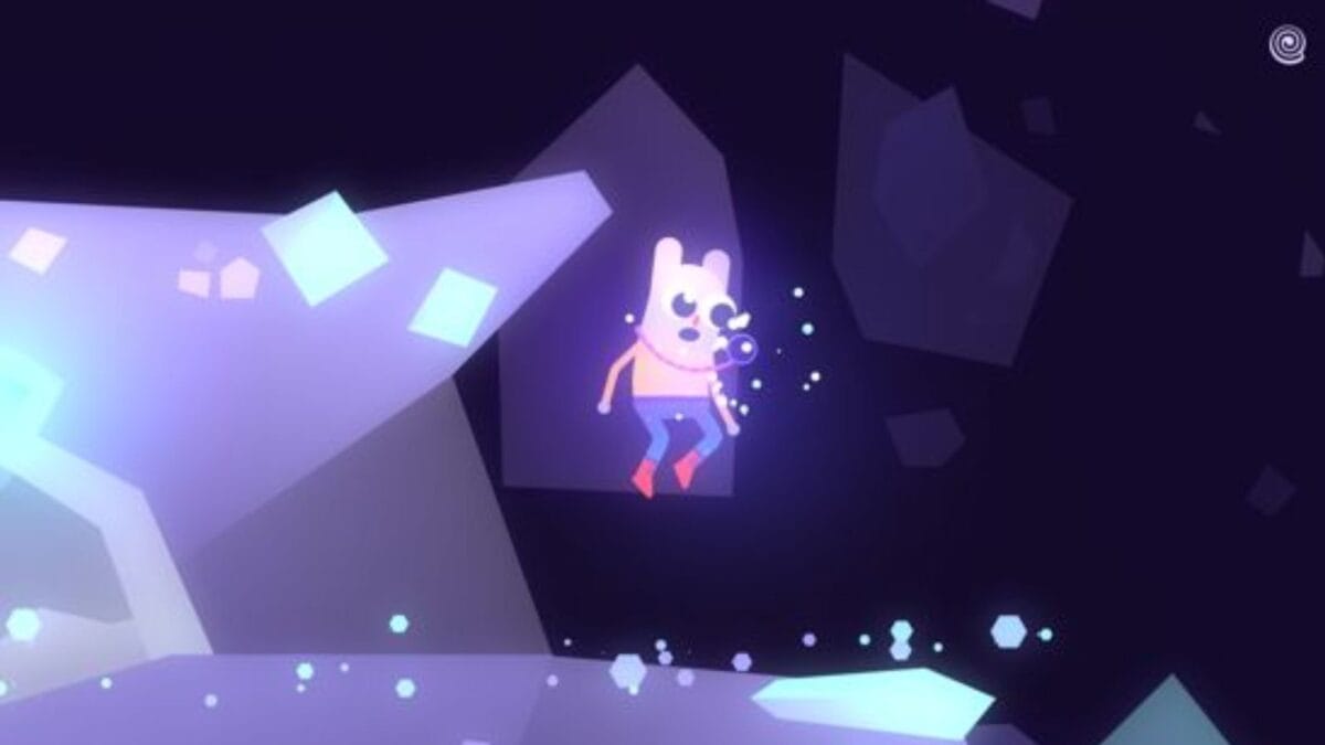 A cartoon animal character floats in a purple, abstract environment with glowing geometric shapes around.