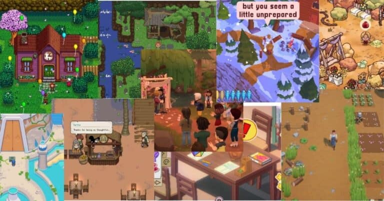 A collage of various farming and life simulation video games, showing different environments, characters, and activities like farming, socializing, and managing resources.