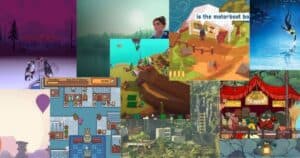 A collage of various indie video game scenes featuring different art styles, characters, and settings, including landscapes, animals, buildings, and market scenes.