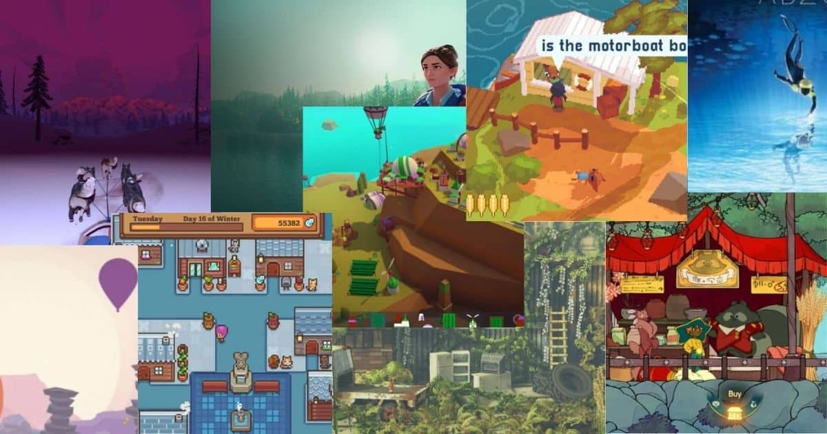 A collage of various indie video game scenes featuring different art styles, characters, and settings, including landscapes, animals, buildings, and market scenes.