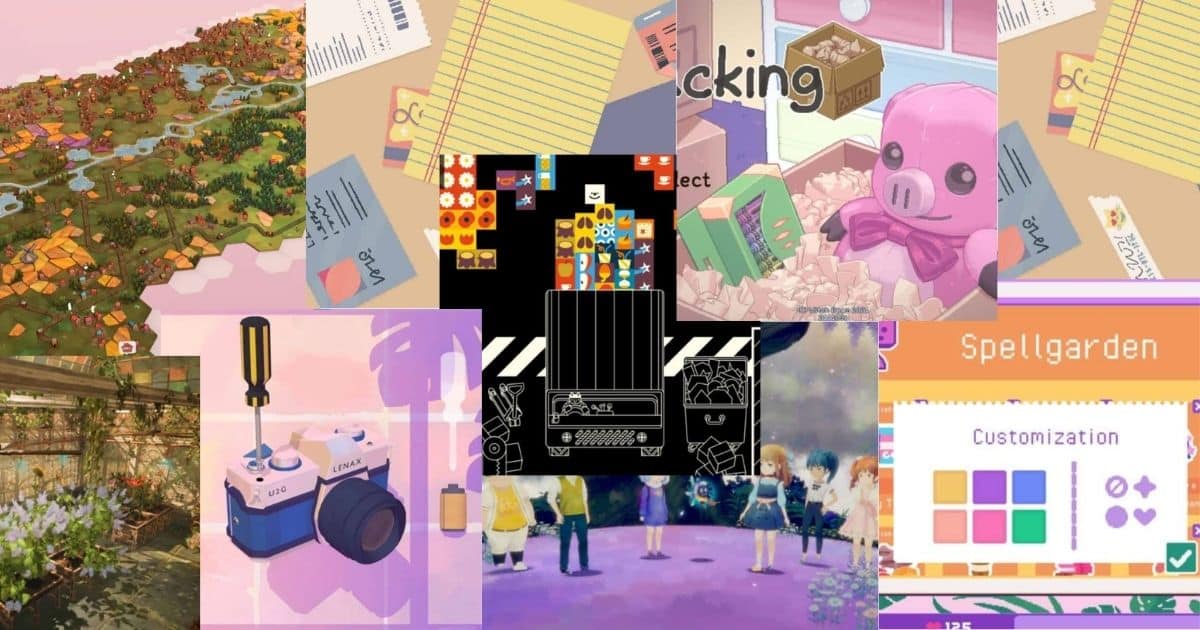 A collage of colorful video game screenshots, including landscapes, characters, user interfaces, and various objects such as a camera and a toy box.